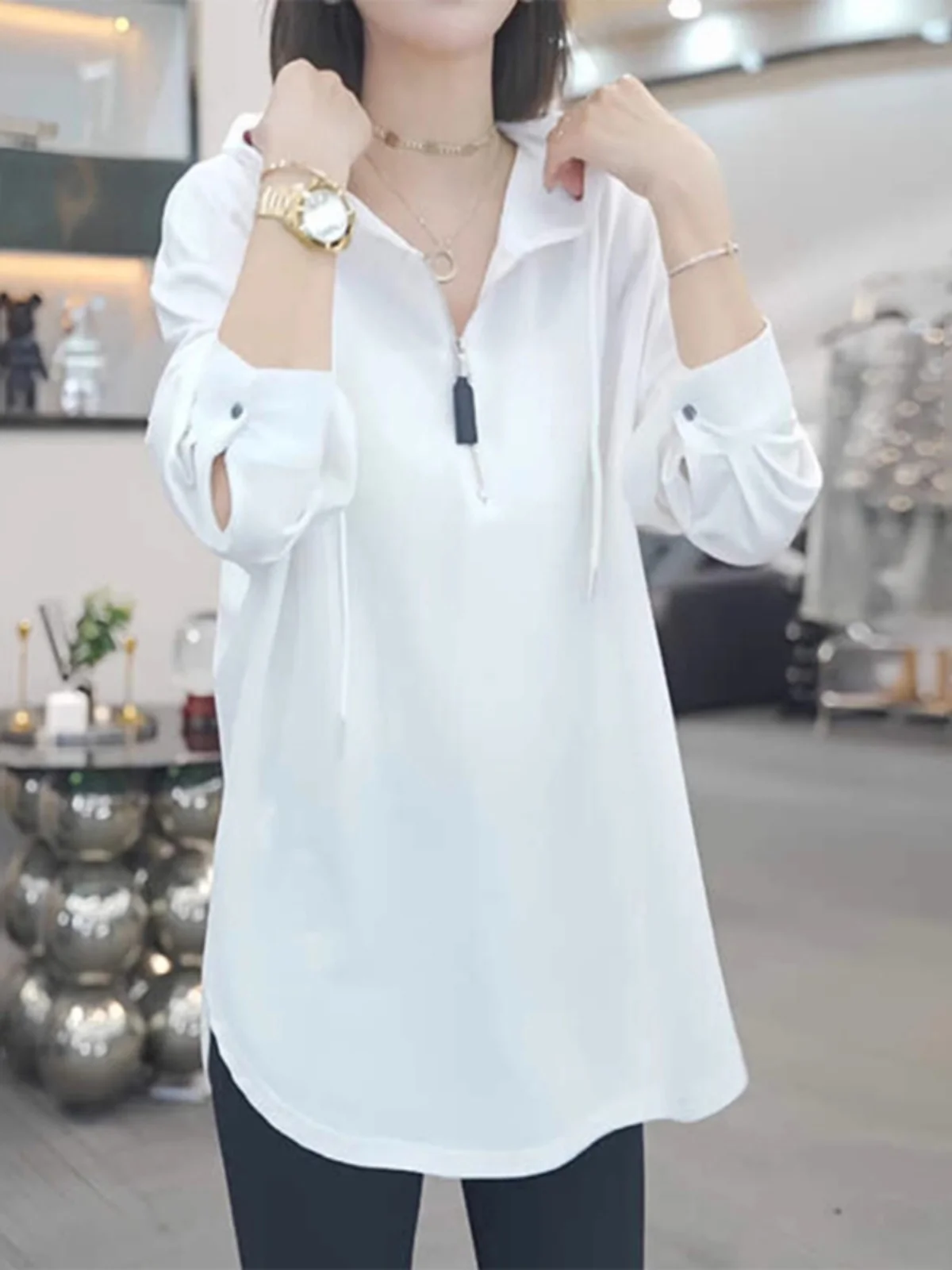 

White Hooded Zipper Ladies Sweatshirt Spring New Large Size Popular Long Sleeve Loose Fit Top Half Zipper Comfortable Streetwear