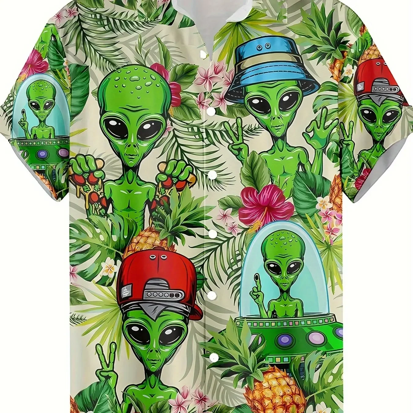 Men's Fashion Hawaiian Style Shirt, Novelty Aliens Pattern Allover Print Short Sleeve Button Up Lapel Shirts For Summer