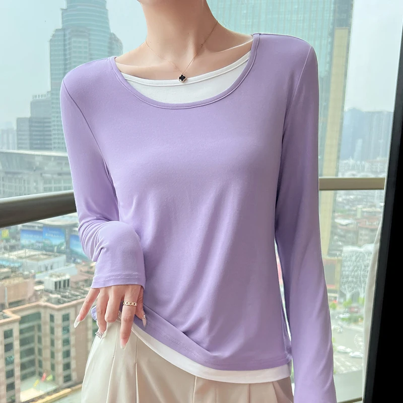 

New Women Spring Autumn Long Sleeve T-shirt Fashion Contrast Color Patchwork O-Neck Modal T-shirt Casual Simplicity Basic Tees