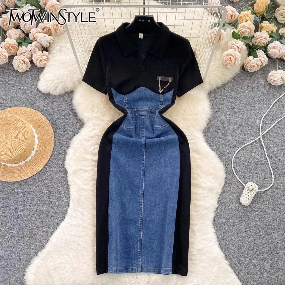 

TWOTWINSTYLE Hit Color High Street Dress For Women Lapel Short Sleeve Patchwork Raw Denim Fashion Dresses Female New KDR522453