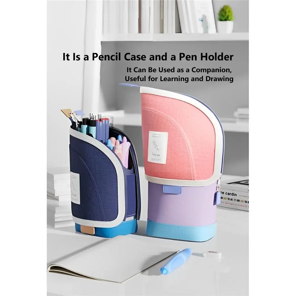 Cute 2-in-1 Standing Pencil Case Portable Vertical Retractable Pencil Bag Stationery Storage Bag Desk Supplies Holders