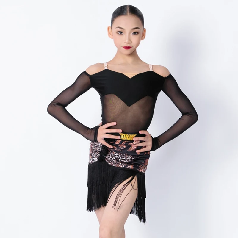 

Latin Dance Dress For Performance Stage Costume Girl Black Long Sleeve Samba Clothes Leopard Fringe Skirt Training Wear VDL3252