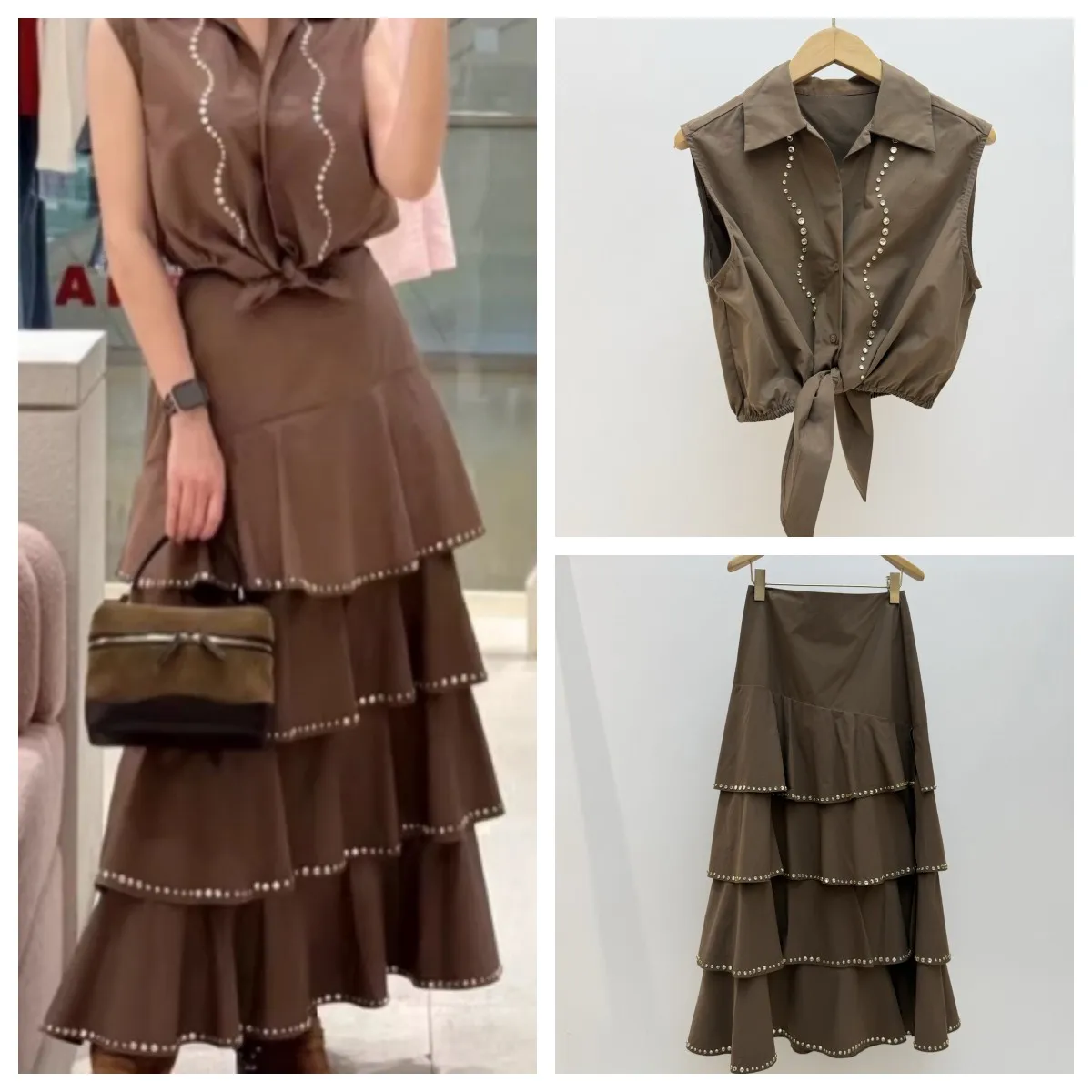 

Diamond Decoration Women Cotton Set 2026 New Notched Collar Sleeveless Waist Cinching Vest + High Waist Layered Midi Skirt Suit