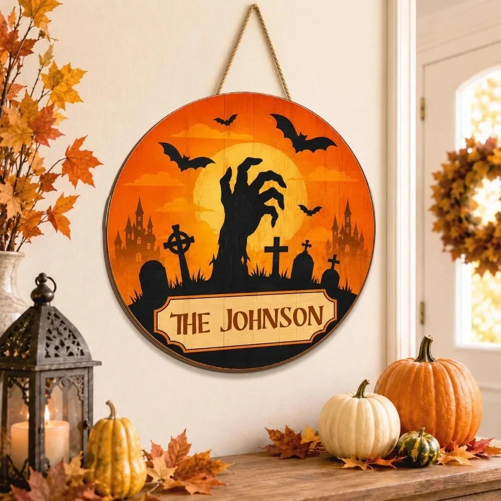 CIFbuy Custom Round Halloween Metal Plaque Mummy Peeking Bat Personalized Text Wall Ornament