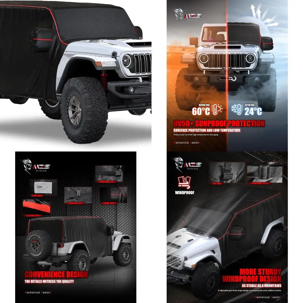 

Universal 600D Waterproof Half Car Cover for Jeep Wrangler 4-Door Models 2007-2026, with Zipper & Hooks for Protection Against E