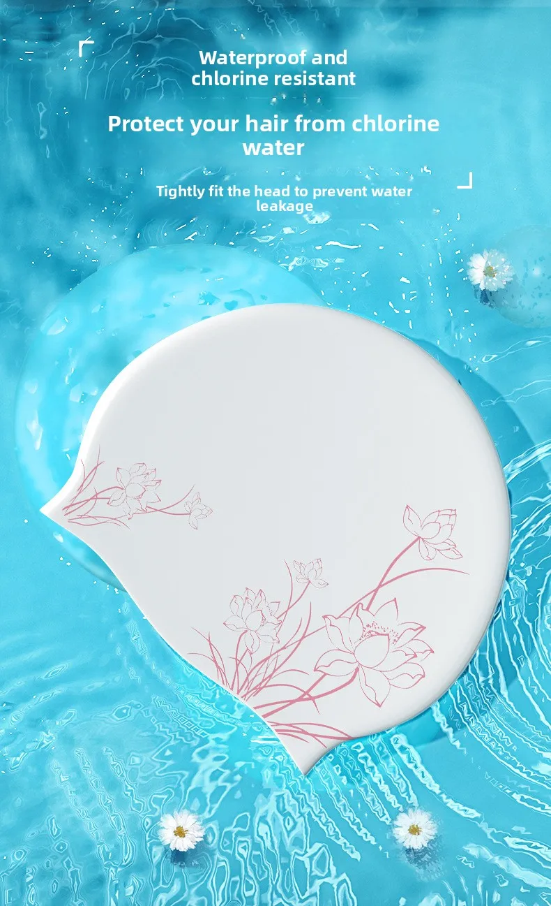 Badekappe mit Lotus-Aufdruck für langes Haar für Damen, wasserdichte, vergrößerte Badekappe aus Silikon, Ohrenschutz-Badekappen, 2 Farben – Detail 5
