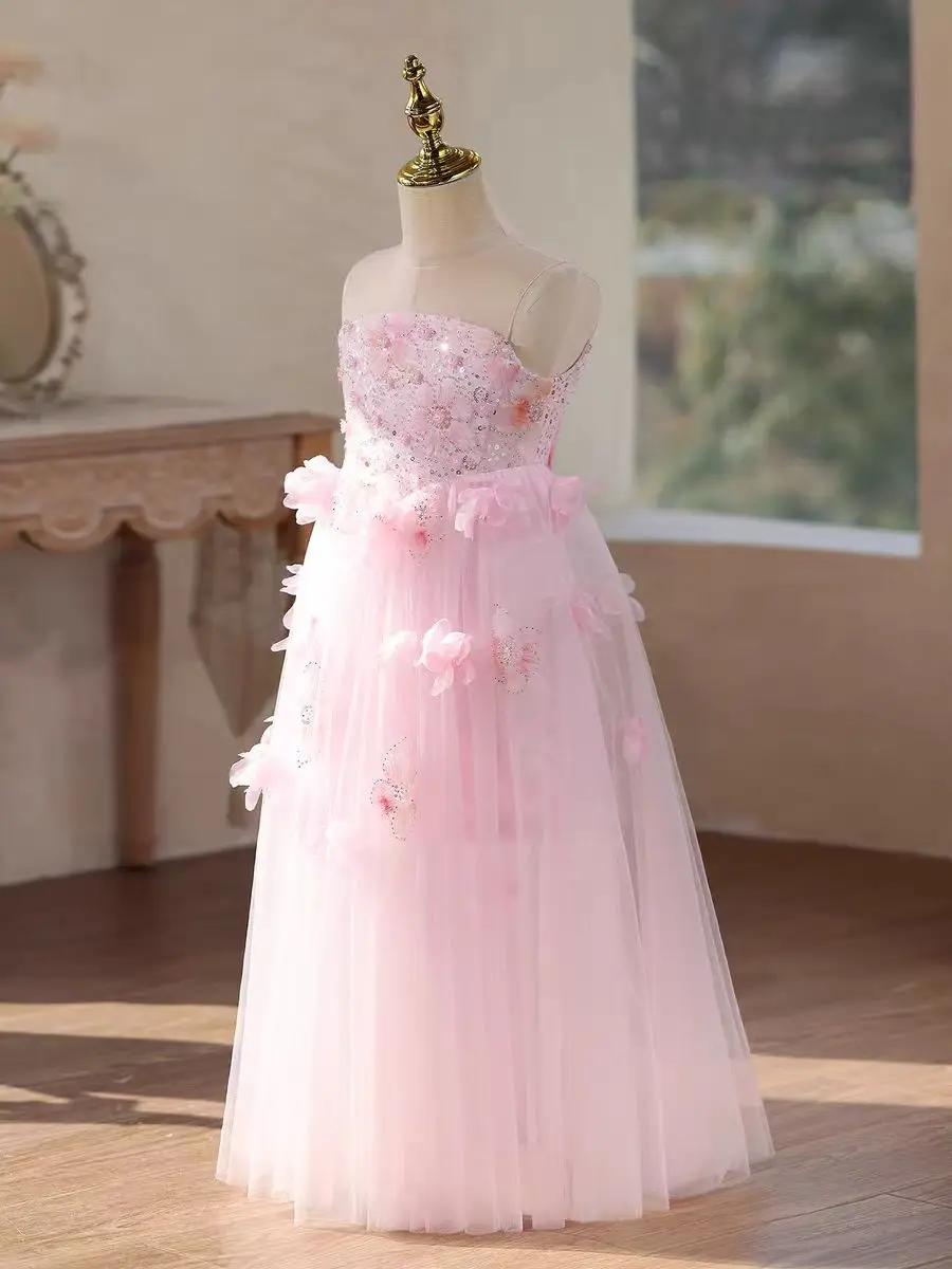 Jill Wish J610 Fairy Pink Princess Dress for Girls Sequin with 3D Floral Appliques Long Tulle Skirt Wedding Party Pageant