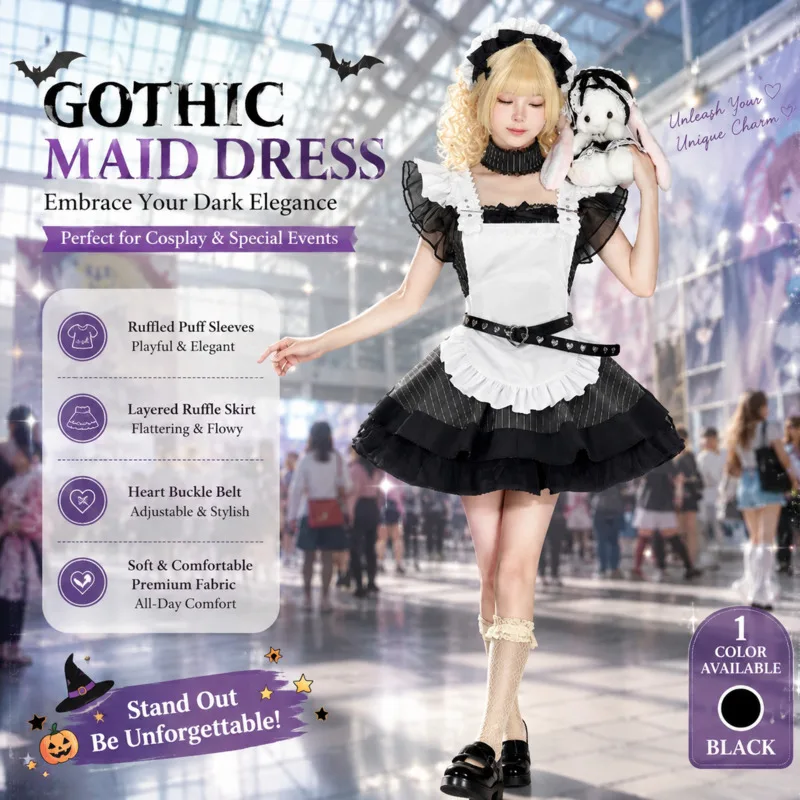 Midi Dresses Lolita Maid Y2K Cosplay Costume Set Black White Striped Kawaii Dresses Subculture Party Outfit Women Girl New