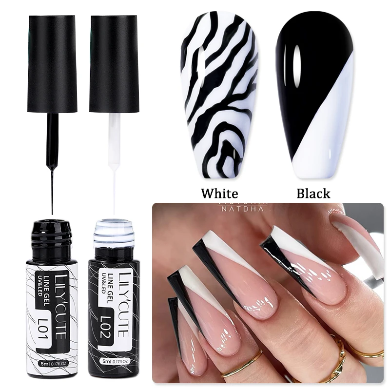 LILYCUTE 5 ml Weiß Schwarz Liner Gel Nagellack Bunte Französisch Malerei Streifen Semi Permanent Zeichnung Nail art UV Gel Lack – Detail 3