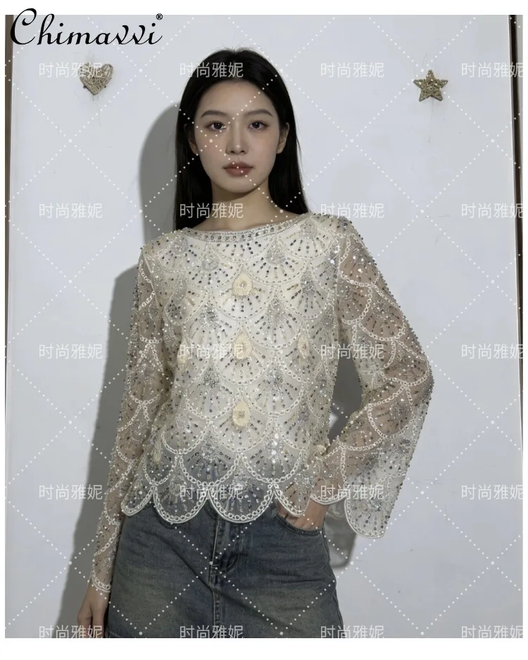 

2026 Spring Luxury Elegant Socialite Pink Scalloped Beaded Sequin Mesh Top Round Collar Long Sleeve Sheer Lace Blouse For Women