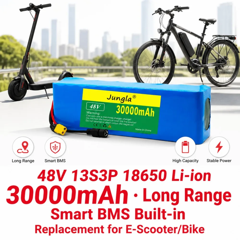 48V 13S3P 30000mAh Ebike Battery - 18650 Li-ion with BMS, Replacement for Scooter/Bike, Long Range