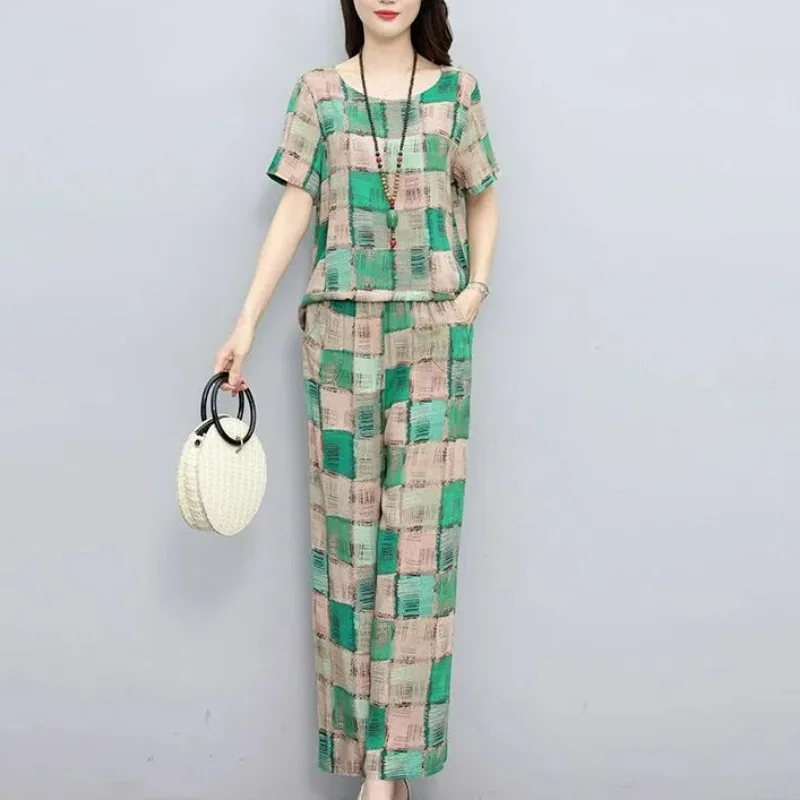 2-delige sets vrouw outfit zomer vintage elegante geruite o-hals korte mouw blouse dames hoge taille losse casual rechte broek