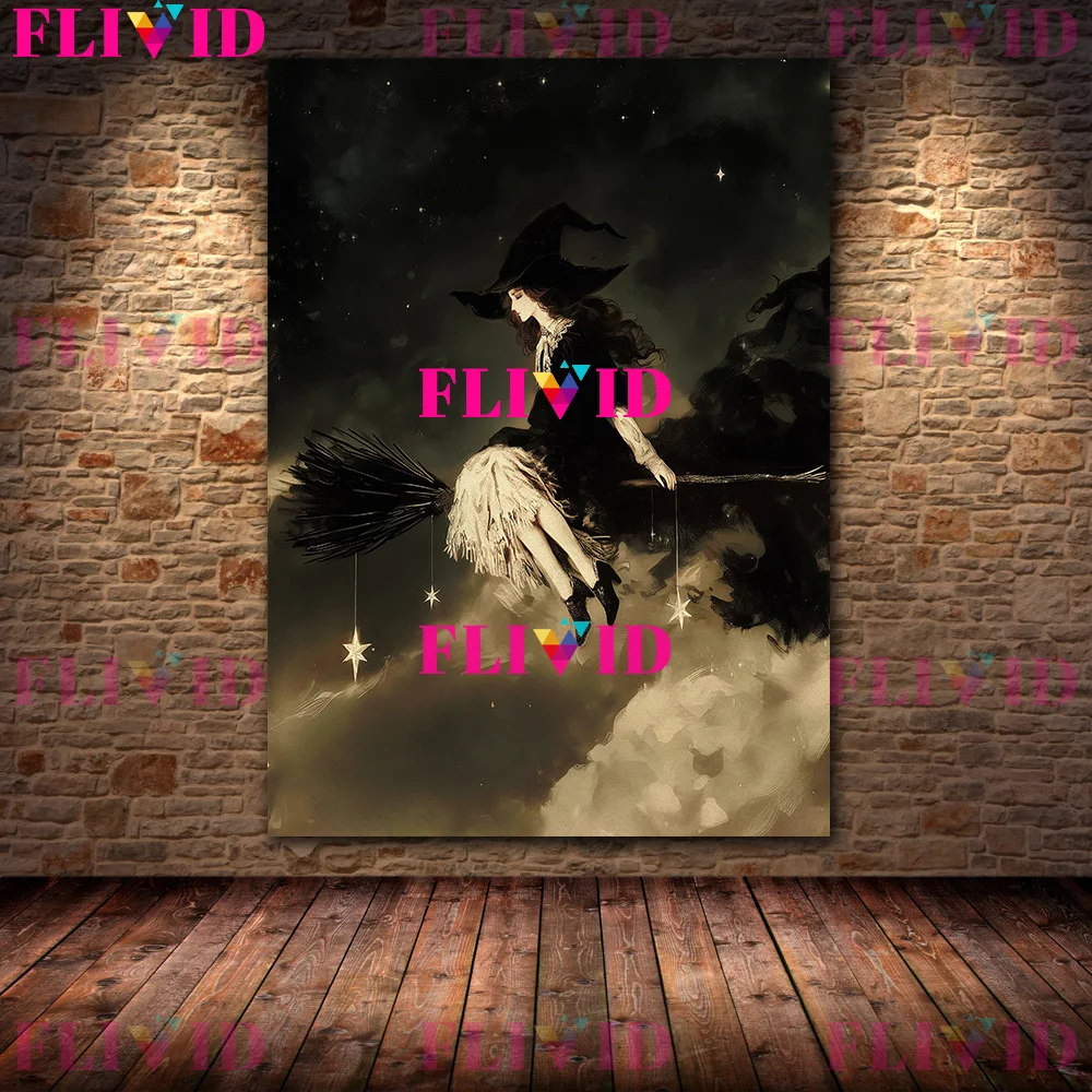 Flying Witch Riding A Broomk,Vintage Wall Art Canvas Painting,Night Witch Gothic Art Poster And Print Home Decoration Unframed