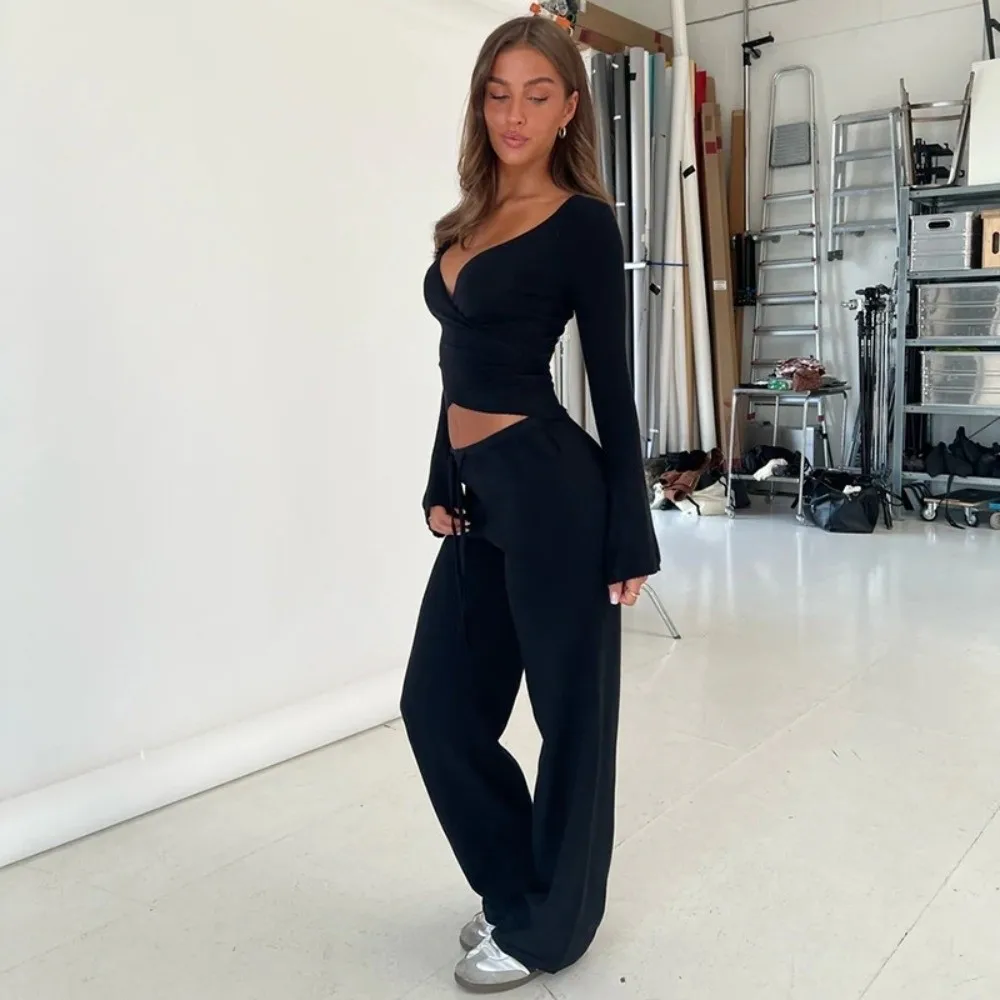 

Модная рубашка с длинным рукавом, спортивный комплект, свободная посадка, одежда для отдыха в корейском стиле, удобная пижамная одежда с манжетами-колокольчиками, пикантные девушки