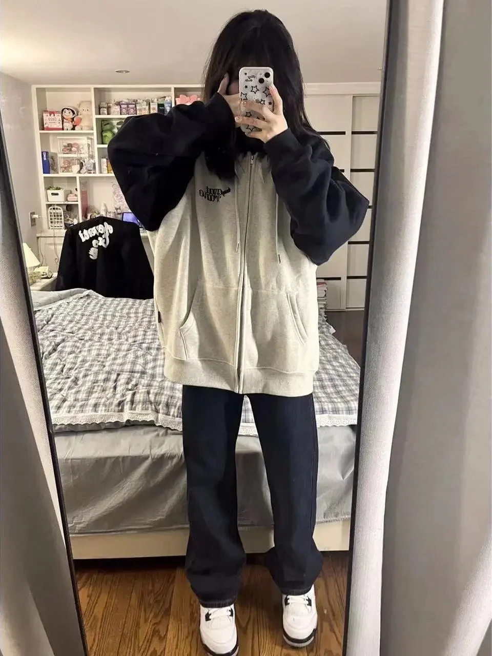 American Retro Color Block Hoodie Women's Spring Autumn Loose Lazy Style Oversize Open Cardigan Coat Long Sleeve Zipper