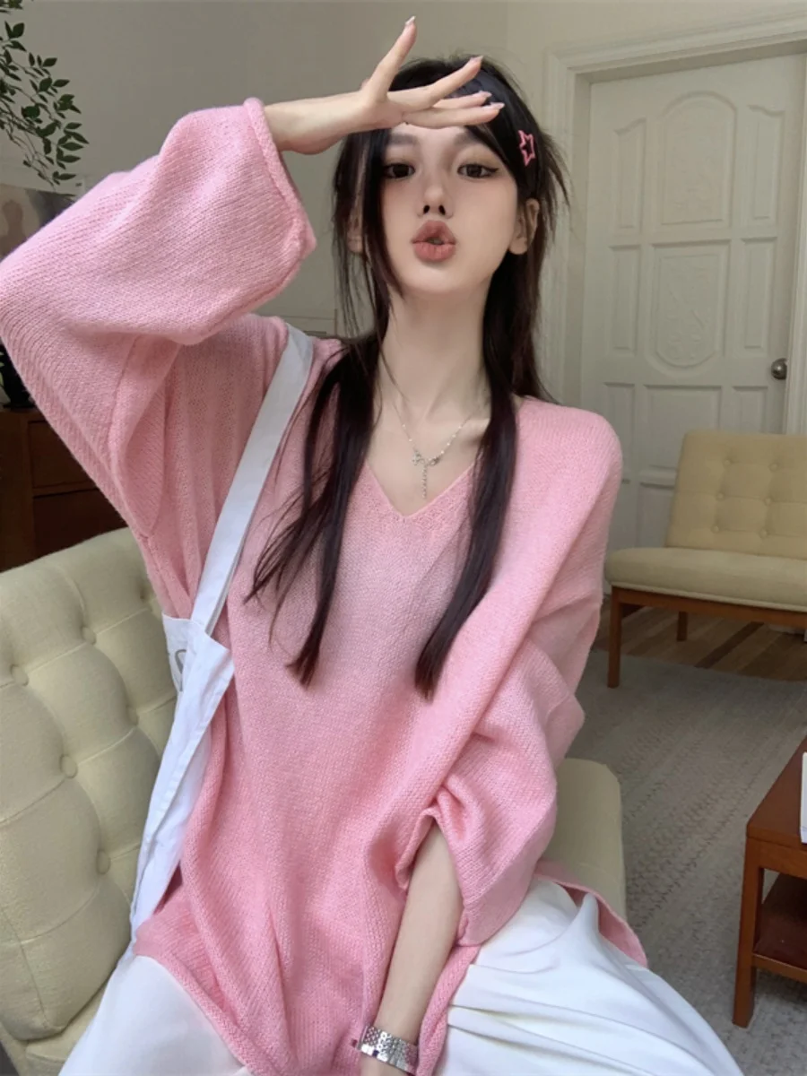 

Ele Pink V-ne Knitwear Women's Loose Sle Sve Long Sweater Comfortable Leisure Faion Exposing Clavicle Autumn Top