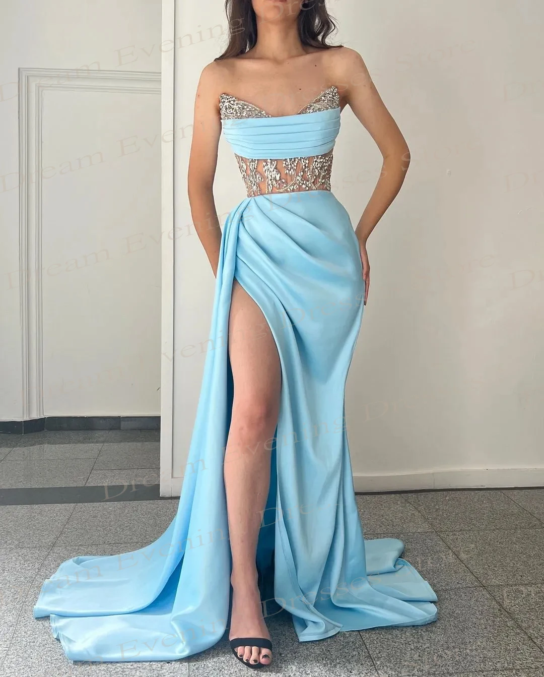 Sky Blue Simple Satin Strapless Mermaid Charming Evening Dresses Sleeveless Sequins Pleats Sexy Split Prom Gowns Robes De Soirée