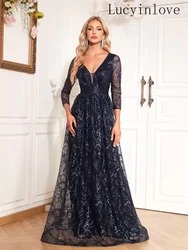 Lucyinlove New Elegant Blue V-Neck Floral Evening Dress Long 2025 Luxury Women Long Sleeve Wedding Party Cocktail Dress Prom