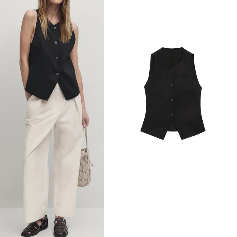 Black Slimming Waist V-Neck Mixed Commuter Style Women's Suit Vest 2024 New Arrival ZADATA Polyester Fiber Casual Jacket