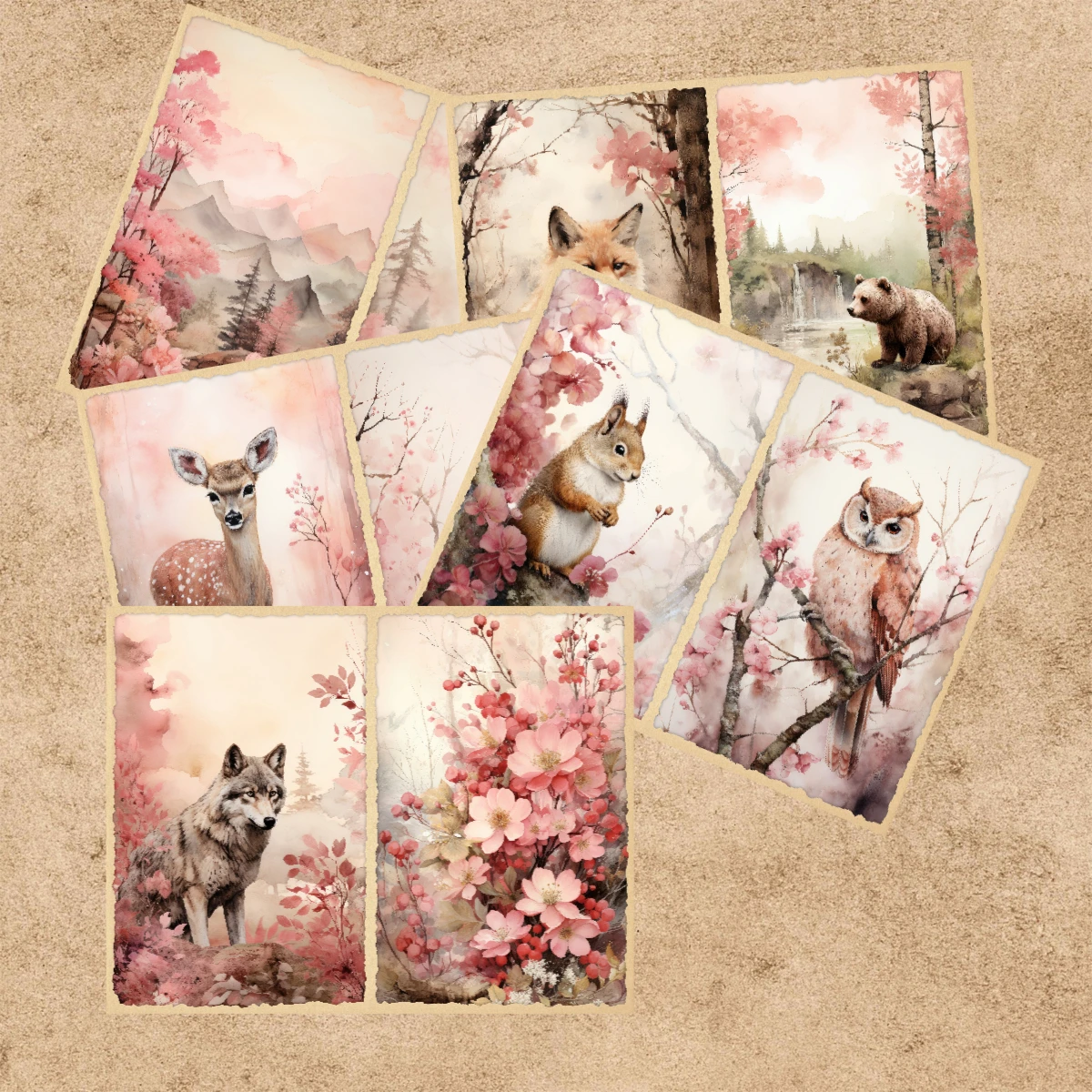10 Sheets A5 Size Animal Forest Pink Background Vintage Grunge Journal Planning Scrapbooking