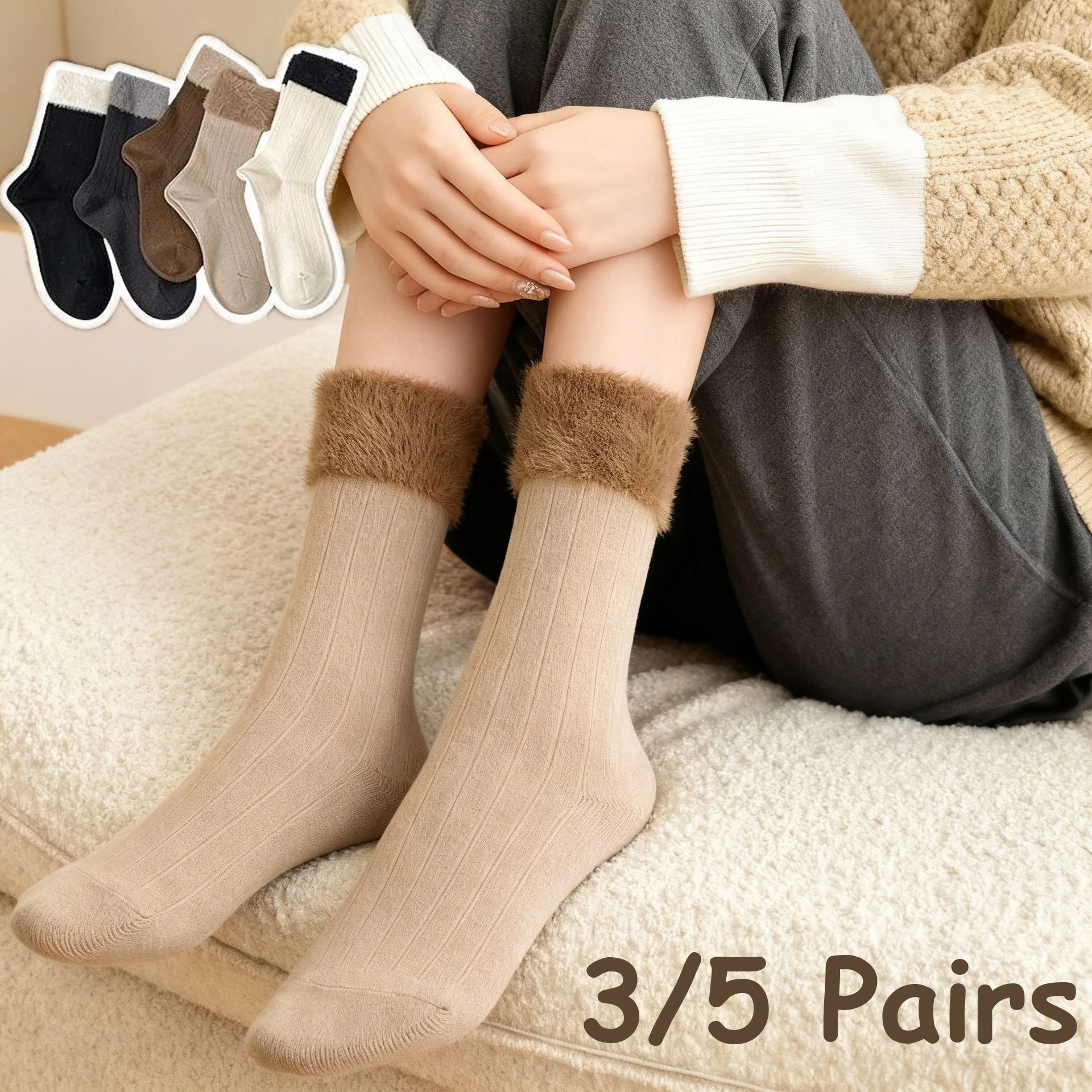 3/5 Pairs New Autumn Winter Women's Warm Socks Cute Soft Plush Cuff Mid Calf Socks Color Block Japanese Style Sock