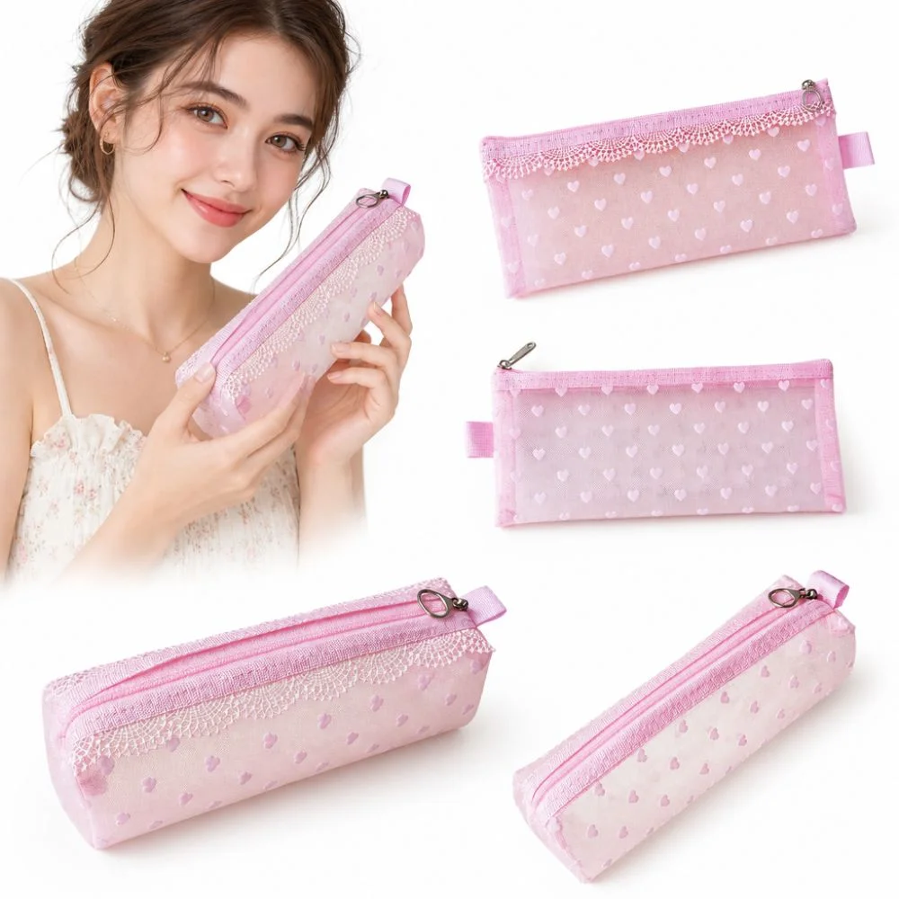 Cute Flower Edges Cosmetic Bag Lace Heart Transparent Makeup Storage Pouch Sweet INS Toiletry Bag Storage for Travel