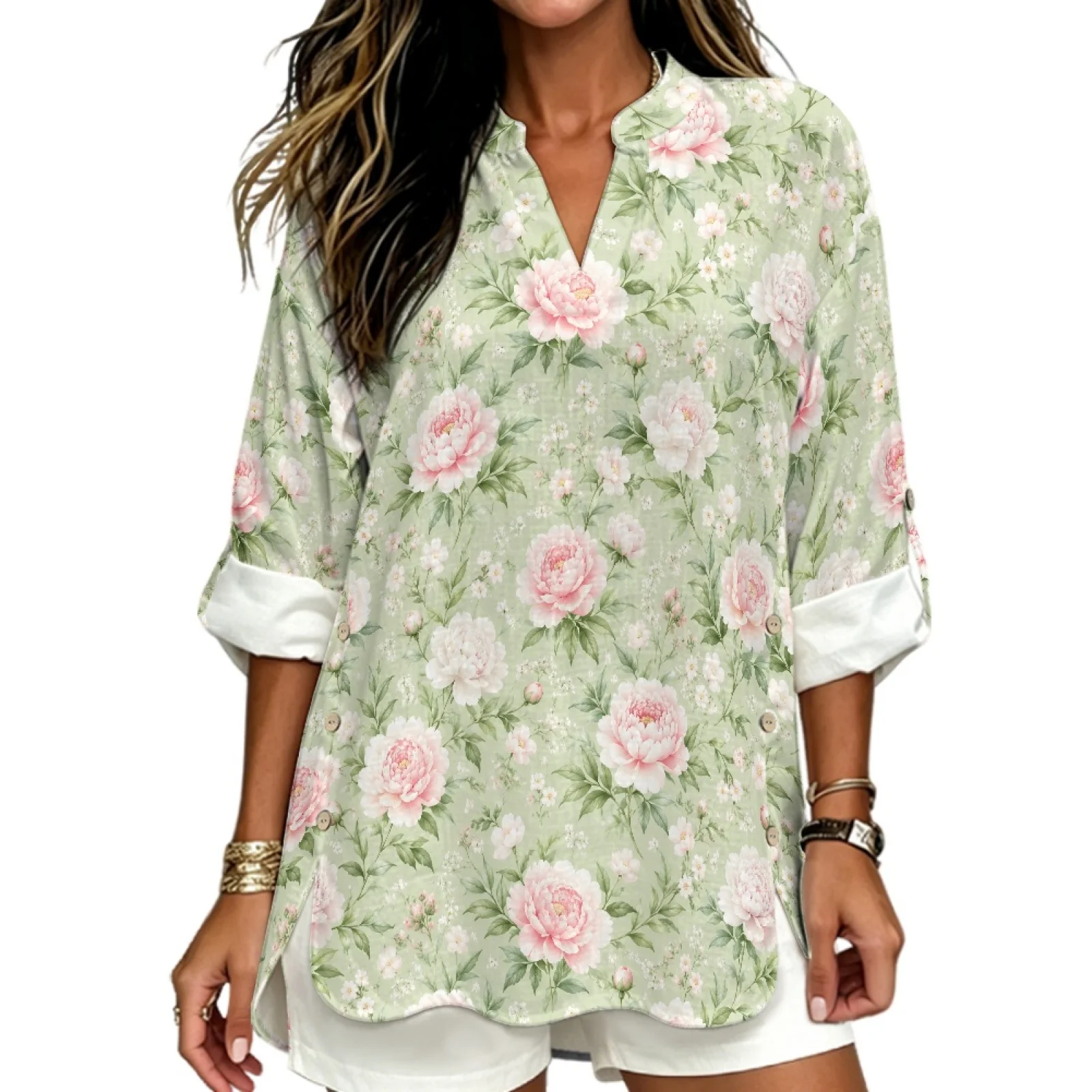 PENSTROLL Pink Peony Floral Print Linen Like V Neck Blouse Comfortable Casual Blouses for Women Sizes S-5XL