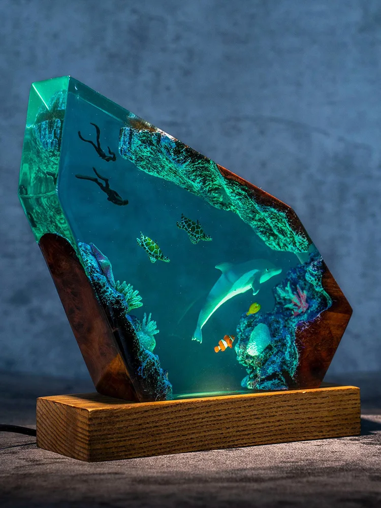 قاع البحر استكشاف الكائن الراتنج الجدول ضوء الفن الإبداعي الديكور مصباح الغوص دولفين موضوع ضوء الليل USB تهمة #6