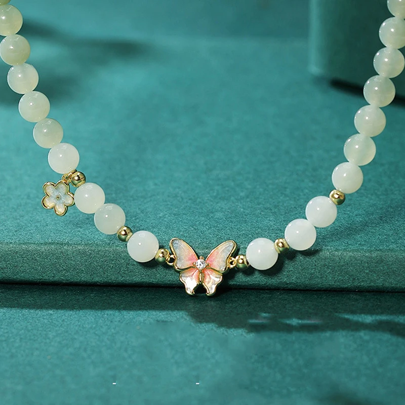 FORWELL Natural Jadeite Bracelet with Elegant Butterfly Design High-End String Jade Exquisite Hand Jewelry for Christmas Gifts