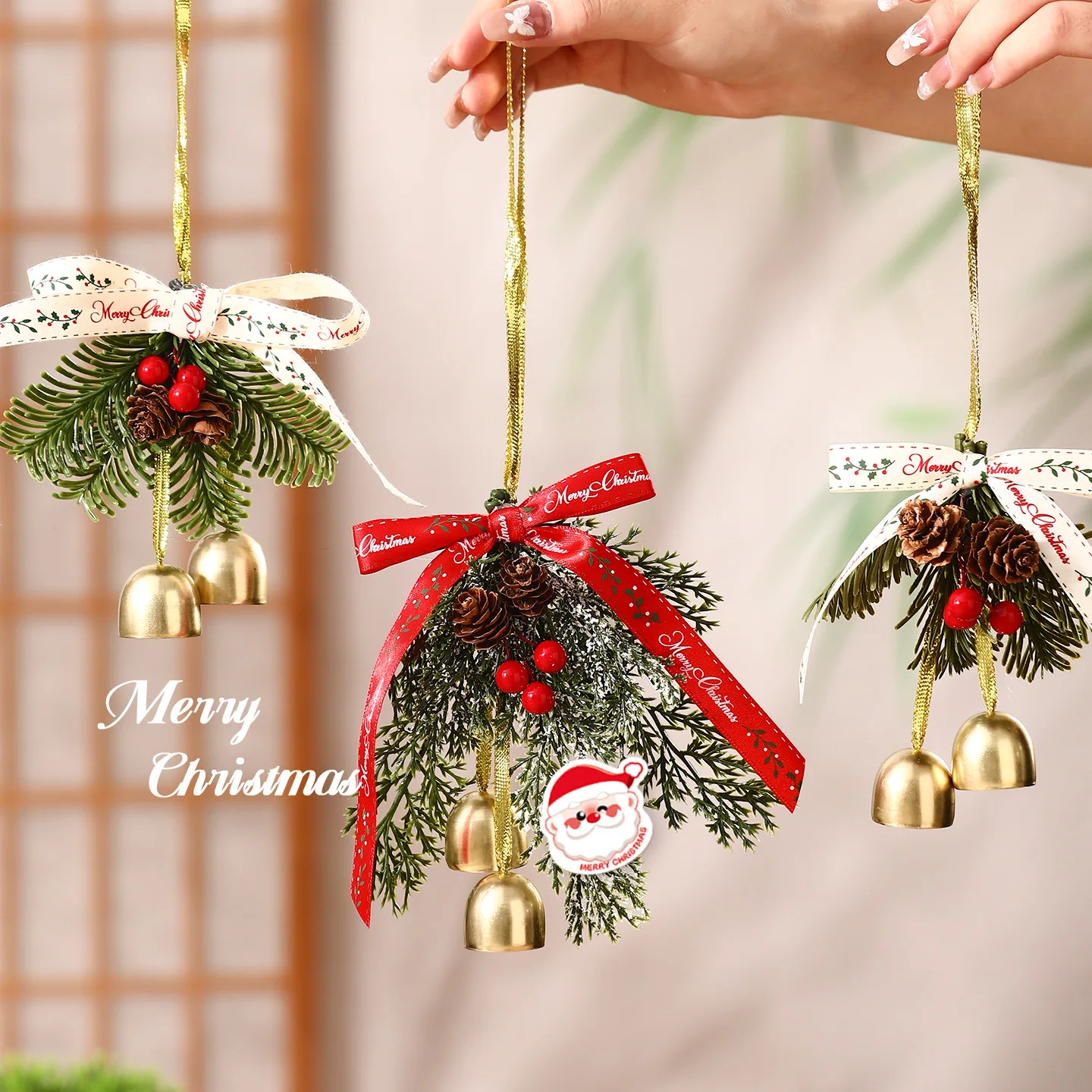 New Home Decor Christmas Bell Hanging Ornament Velvet Bow Pine Cone Red Berry Decor For Xmas Tree Door Wall Holiday Scene Layout