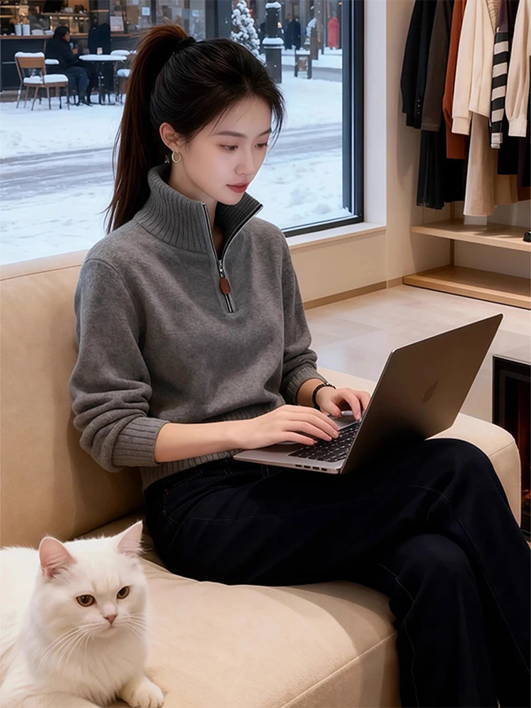 

Ay Вязаный свитер с высоким воротником, женский осенне-зимний повседневный свободный крой, дышащий длинный топ для похудения на молнии