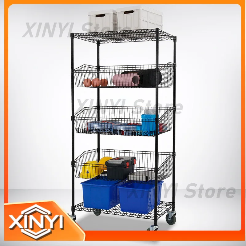 5-Tier Large Capacity Mesh Basket Shelving Unit for Organizing Tools and Supplies Mobile Multi-Functional E-commerce Picking