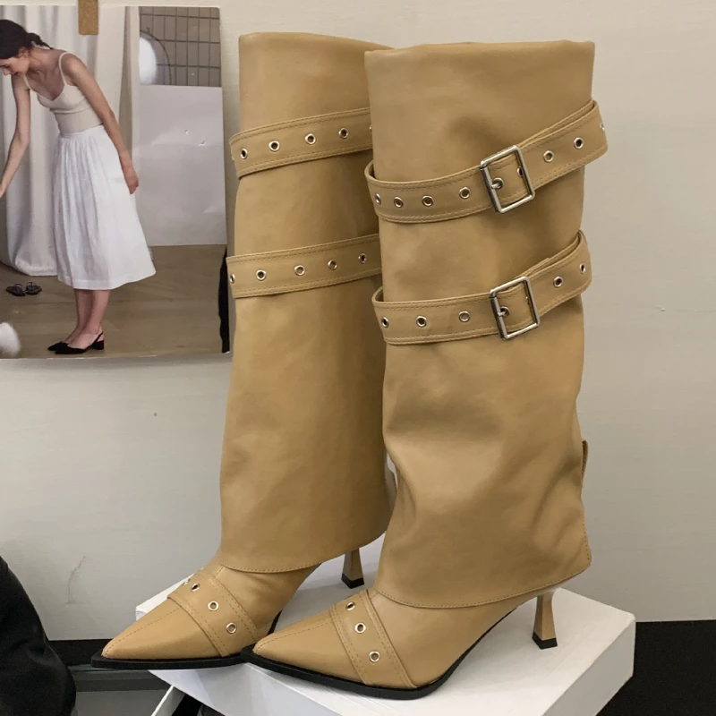 

Сексуальные сапоги до колена с заклепками и пряжкой на ремне, женские дизайнерские длинные сапоги в уличном стиле, женские теплые элегантные брендовые женские высокие сапоги с острым носком