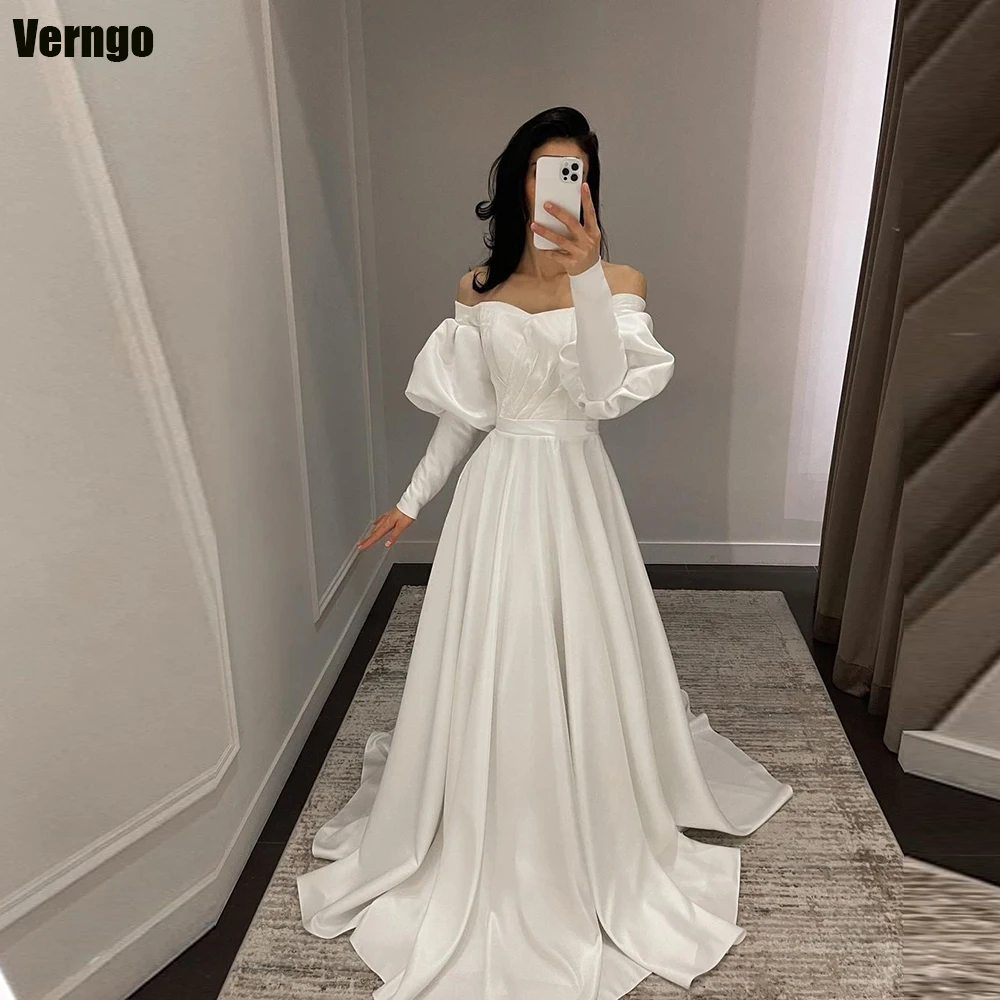 

Verngo A-line Elegant Wedding Dress Long Sleeves Off Shoulder Strapless Bride Dress Satin Princess Bridal Gown Robe De Mariee