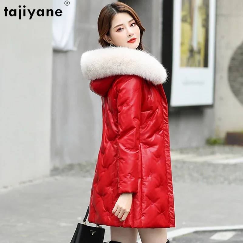 Tajiyane Genuine Leather Jacket Women 2023 Hooded Fox Fur Collar 90% White Duck Down Coat Mid-length Elegant Parkas Chaquetas