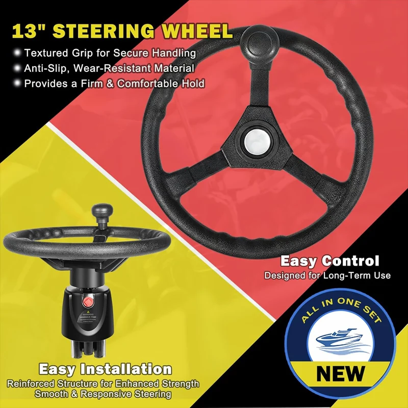 Complete 200HP Marine Hydraulic Steering Kit with Steering Wheel, Helm Pump, Hydraulic Cylinder, 26ft Nylon Hoses