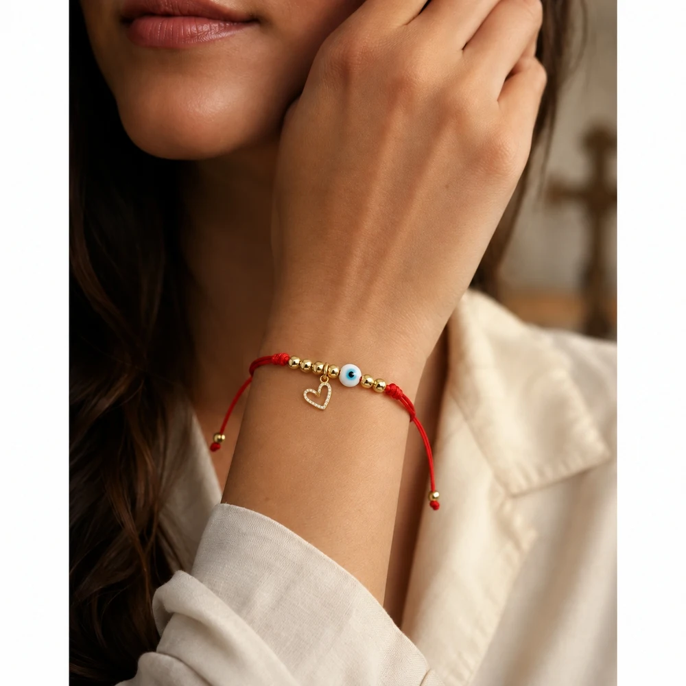 1pc Red Yarn Adjustable Strand Bracelet with Heart Charm Evil Eye Bead Copper Lace-Up Cute Romantic for Women