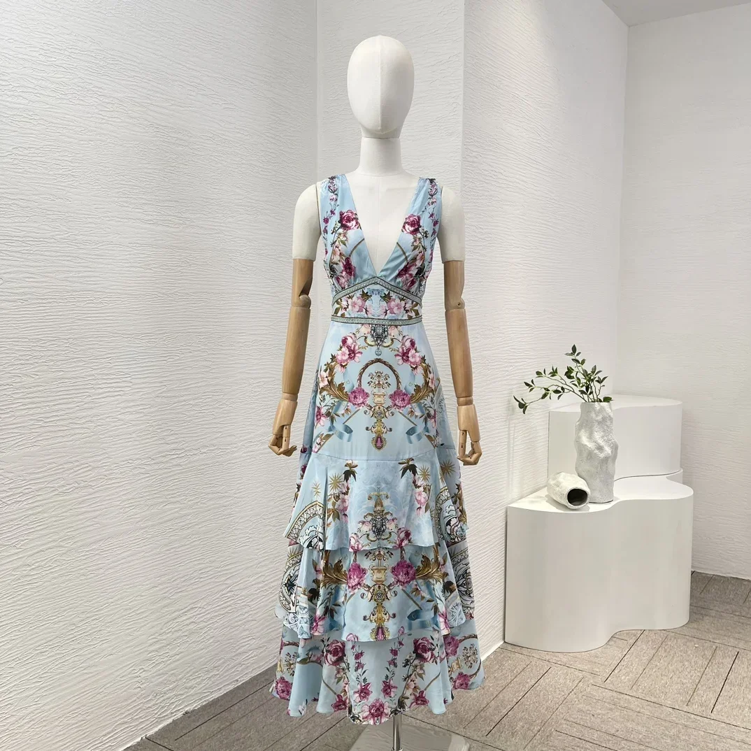 2024 New Women Vintage Floral Print Sleeveless Bow Tie Top Quality Cake Stacking Pleats Midi Dress for Holiday