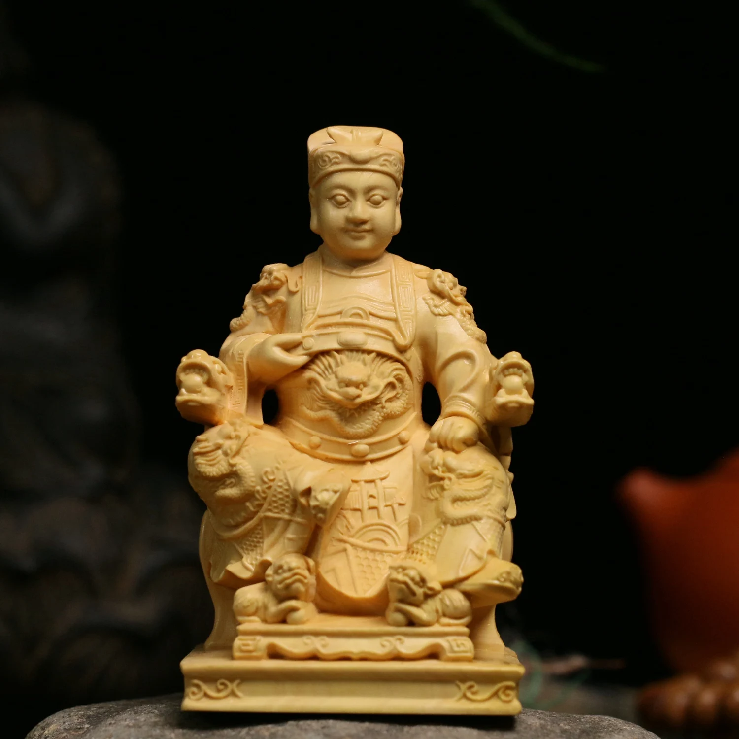 Hand Carved Boxwood Wooden Guo Sheng Wang Statue Figurine - Guang Ze Zun Wang Protector Deity Ornament Home Temple Altar Decor