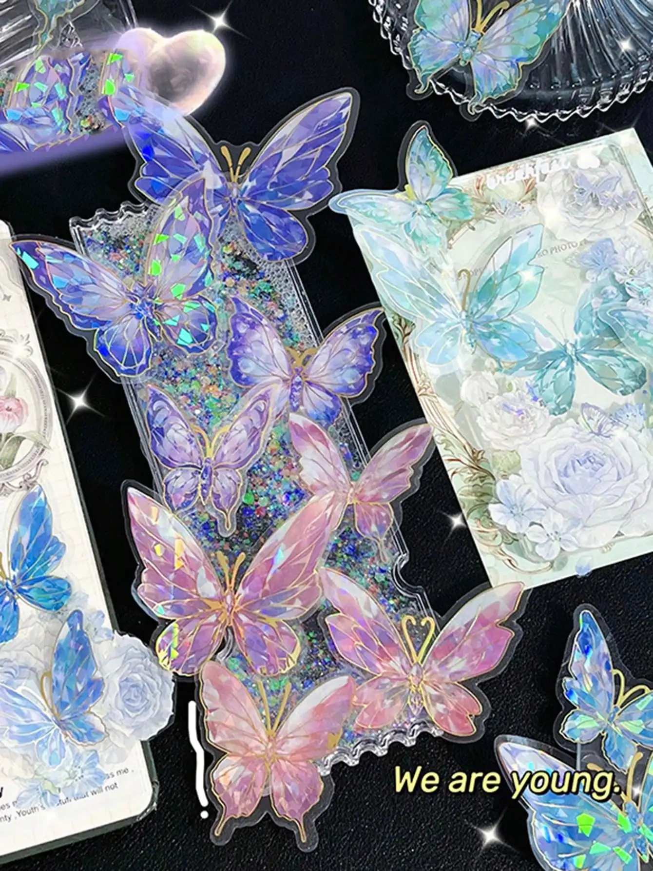 20-Pack Crystal Butterfly PET Stickers Rainbow Gold Series Journal Decor School Supplies Creative Multi-Purpose Decor Stickers