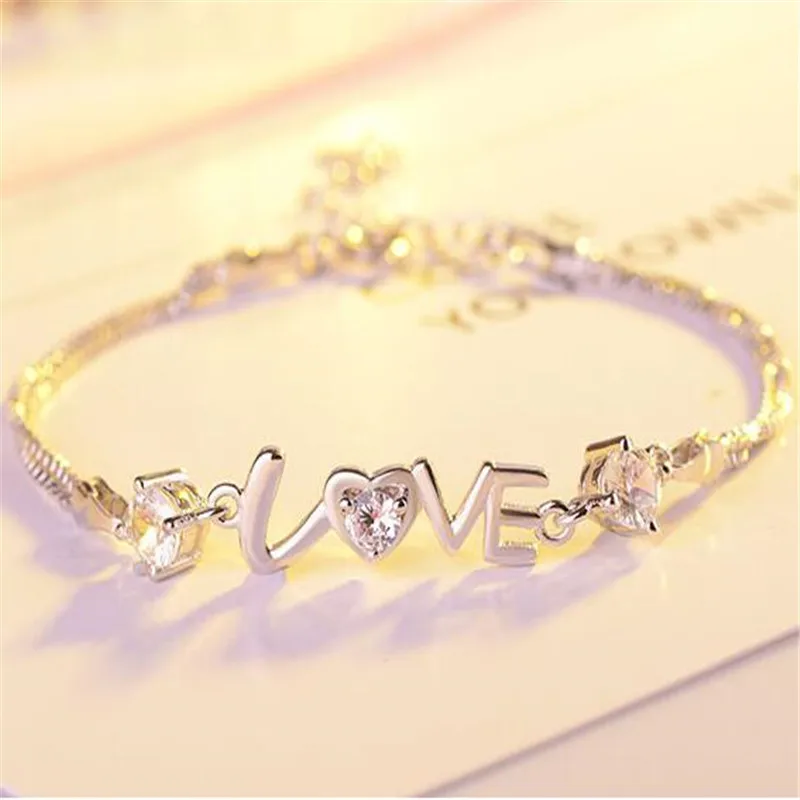 925 Sterling Silver Bracelet Heart Love Round Cubic Zirconia Double Chain Linked For Women Charm Bangle Jewelry Christmas