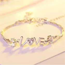 925 Sterling Silber Armband Herz Liebe Runde Zirkonia Doppel Kette Verbunden Für Frauen Charme Armreif Schmuck Weihnachten