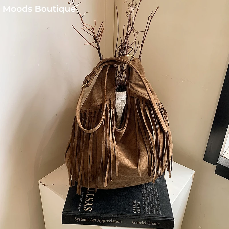 MOODS Bohemia Style Tassels Shoulder Hobo Bags For Women Faux Suede Large Capacity Wild Tote Bag 2025 Latest Fashion Handbags
