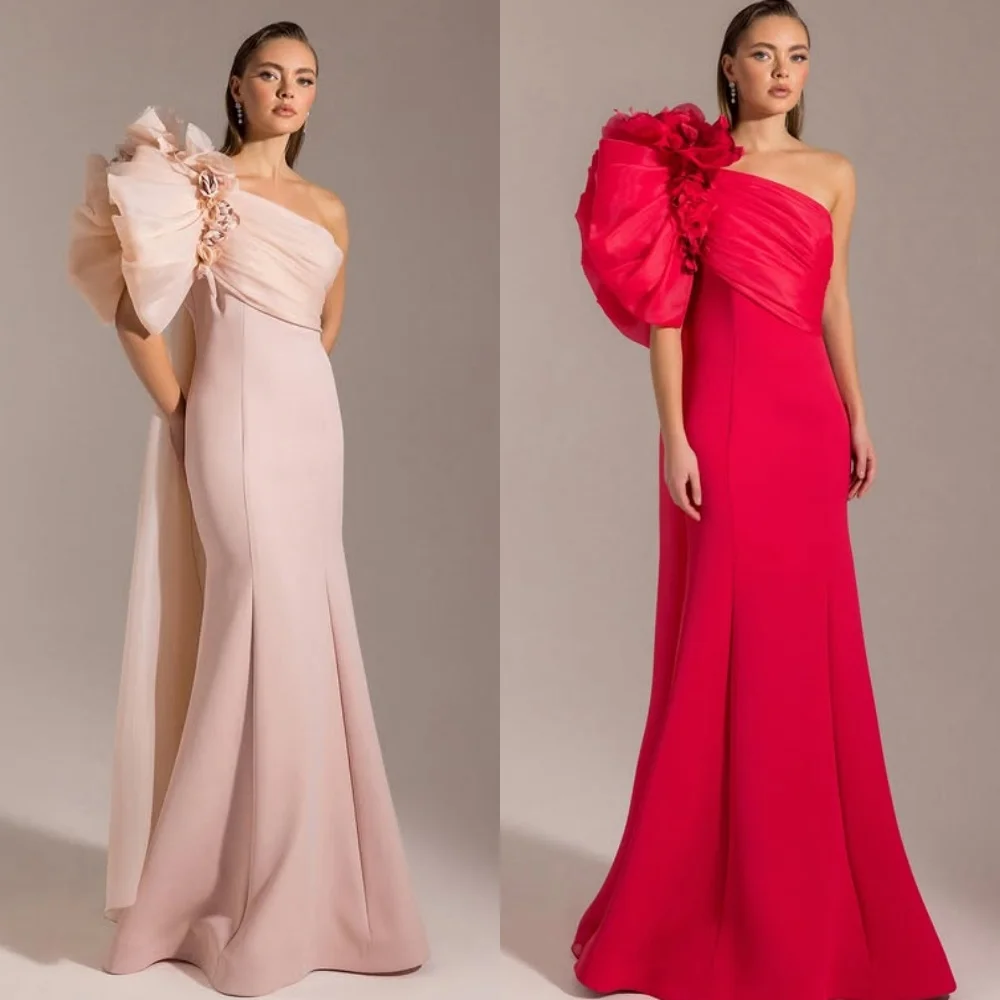 

Customized Elegant Matching Jersey Handmade Flower Pleat Mermaid One-shoulder Long Dresses Bespoke Occasion Dresses Classic Sexy