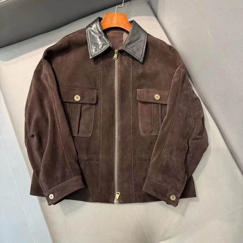 سترة شتوية من جلد الغزال الأصلي للسيدات موضة التلبيب جيب الرباط معطف جلد الغنم فضفاض النحيف Naturalna Sk oorzana Kurtka Damska #2