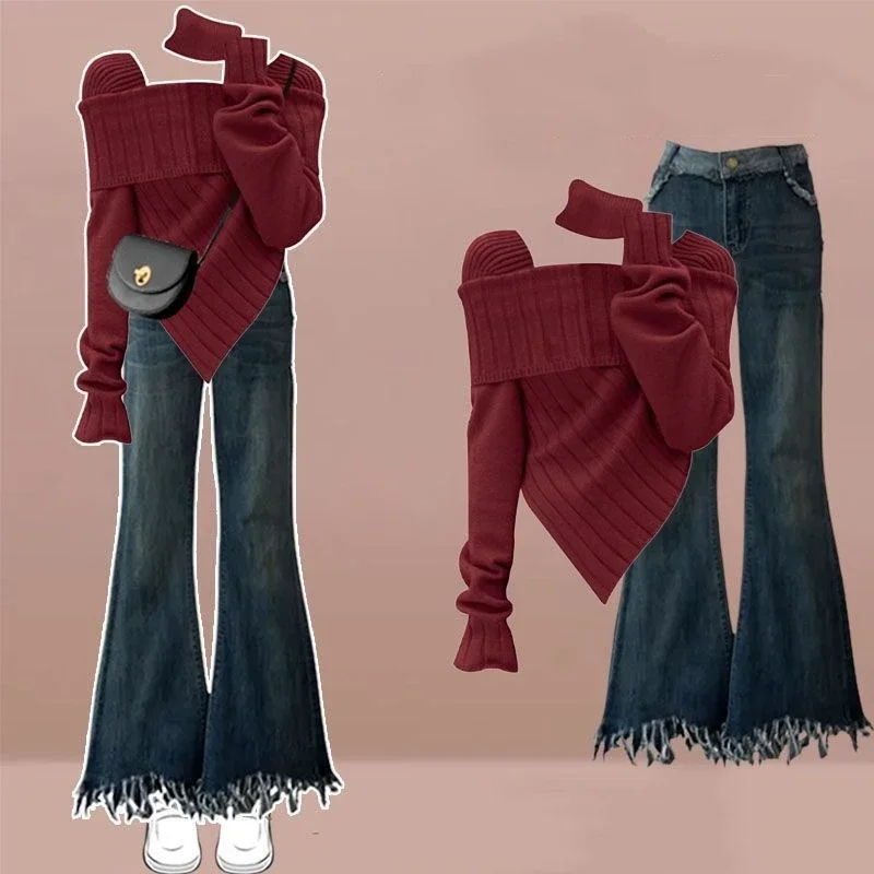 

2025 Autumn Winter New Matching Sets Women Graceful Slim Red Scarf Sweater Pants Two Piece Suits Lady Knit Tops Trousers Outfits