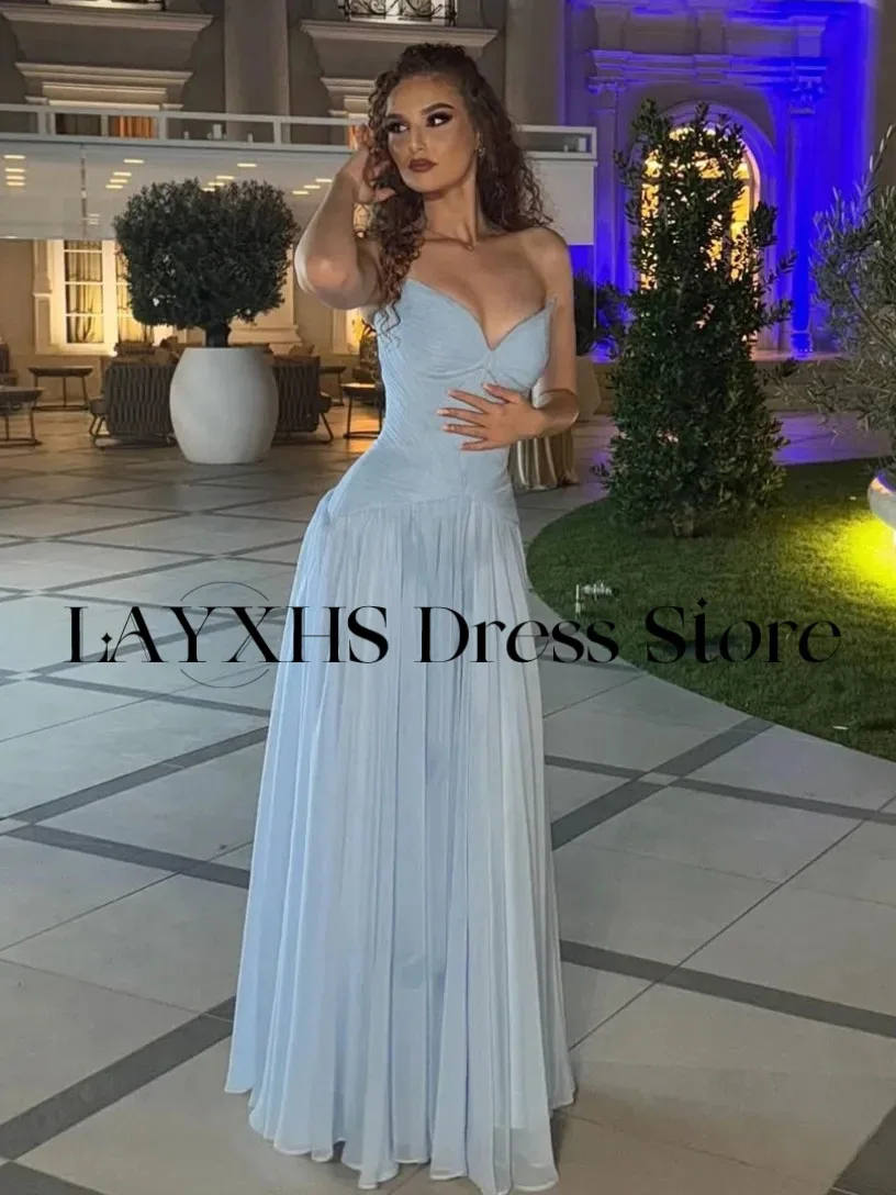 LAYXHS Simple Sweetheart ชุดราตรีสีฟ้า A-Line ความยาวผู้หญิงชุดราตรีที่กําหนดเอง فستانة