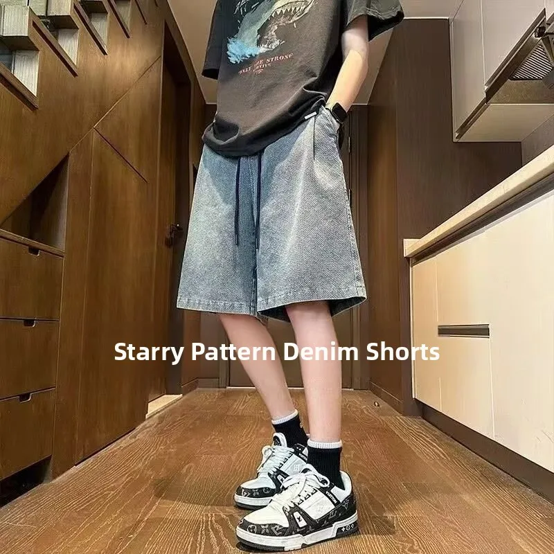 

Летние тонкие джинсовые шорты «Звездная ночь» для мужчин: модные американские ретро-шорты в уличном стиле, прямые, свободные, средней длины, до колена