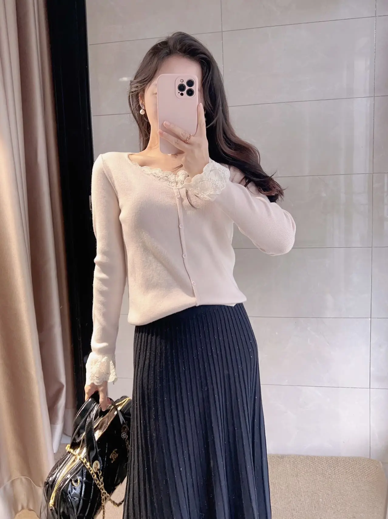 

Soft Warm Woolen Knitted Sweater Romantic Cherry Blossom Pink Lace Collar Ultrine Wool Princ Sle French Faion Women'...