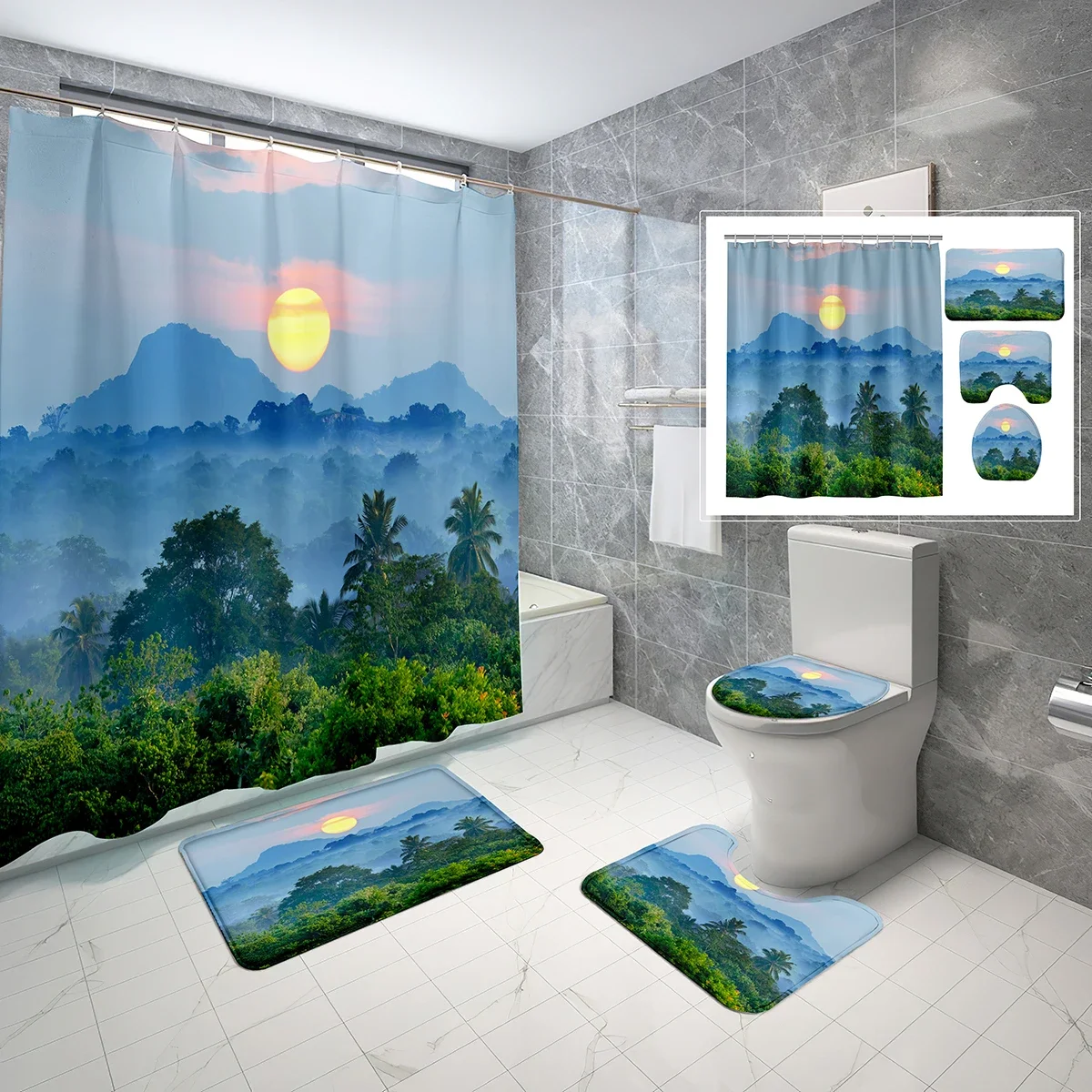

Набор из 4 предметов: шторка для душа с природным пейзажем, нескользящий коврик, чехол на крышку унитаза, водонепроницаемая занавеска для ванной с изображением тропического леса, гор и заката